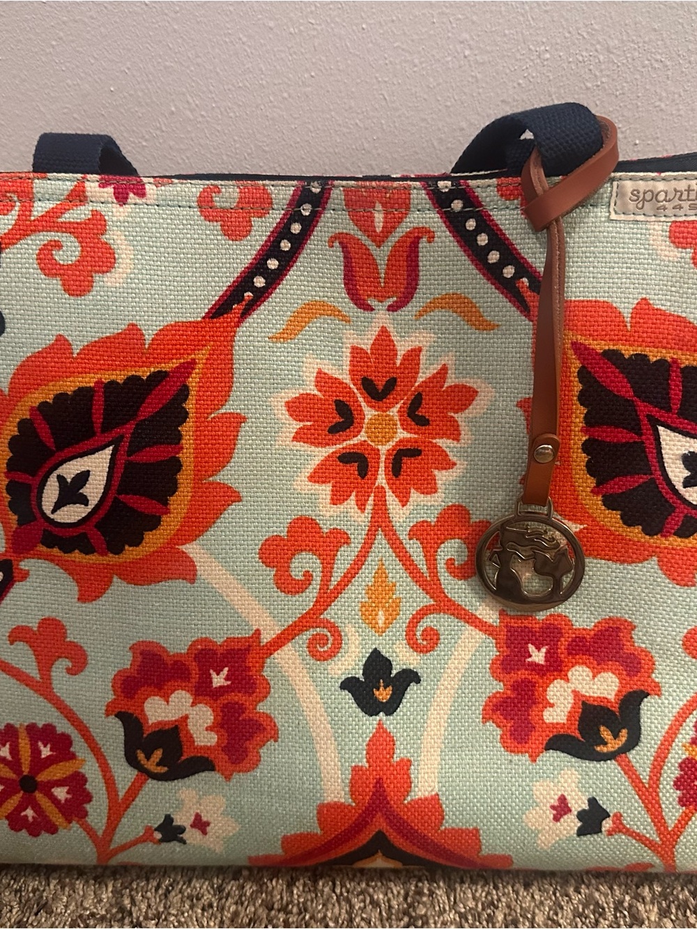 Spartina 449 Teal Canvas Tote with Orange Floral Pattern